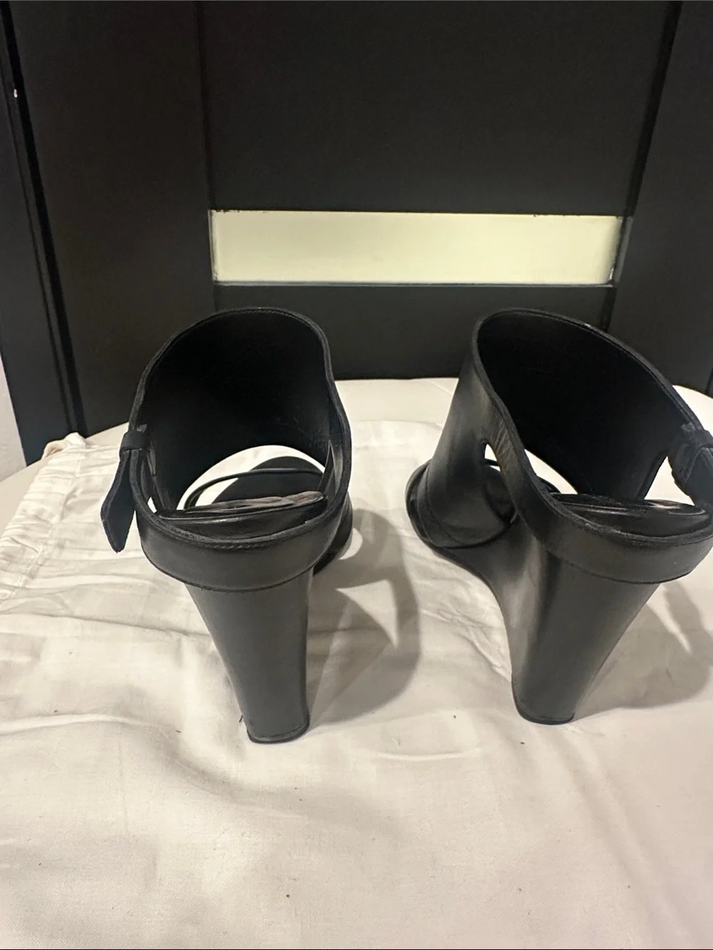 Vince Black Leather Wedge Sandals with Slingback